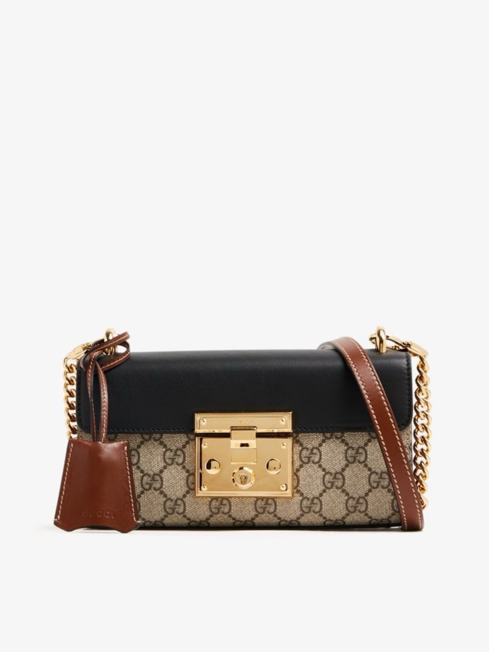 Gucci Black Top/Brown Trim GG Supreme Crossbody with Gold Hardware